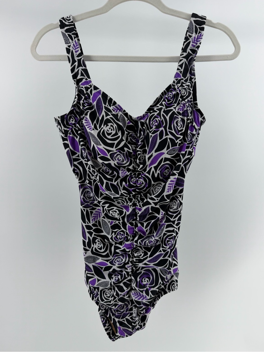 24th & Ocean Black White Purple Floral Ruched One-Piece Swimsuit, Women's 12